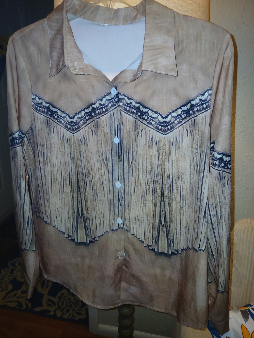 Fringe-Trim Button Front Women's Top - Taupe
